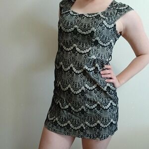 Cream and‎ black lace pencil dress, size small